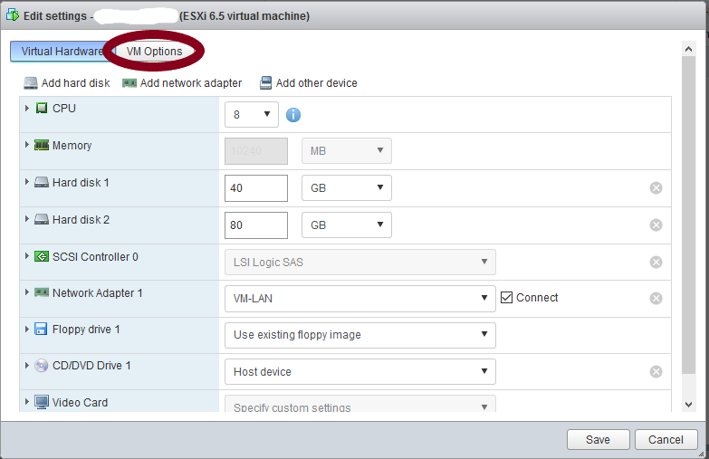 Edit VM settings > VM Options tab