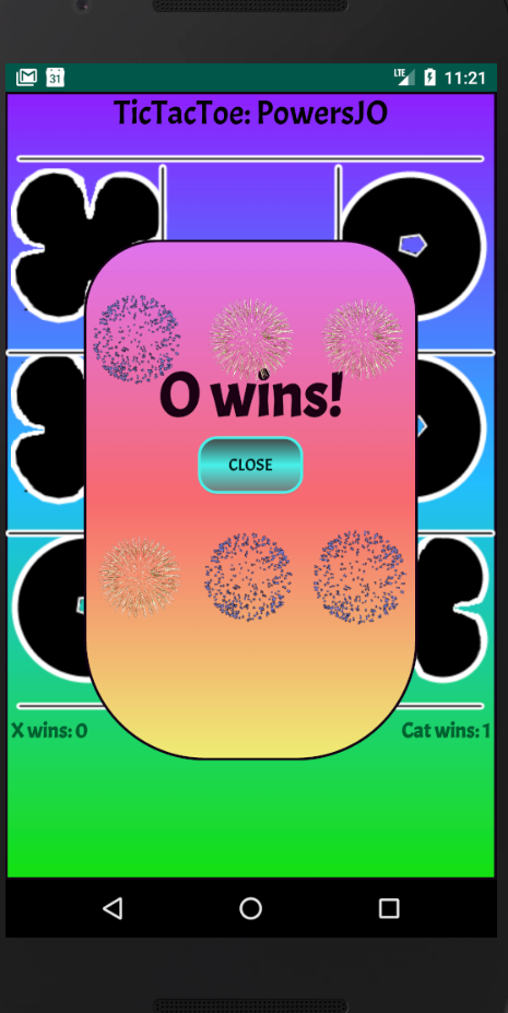Image of 'O wins!" popup in Tic Tac Toe.