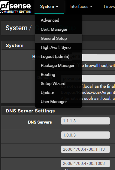 Cloudflare with Pfsense
Pfsense > System > General Setup